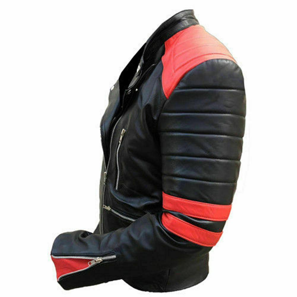 Men's Brando Classic Biker Red and Black Vintage Motorcycle Real Leather Jacket