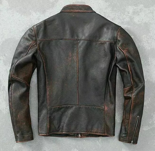 Men’s Motorcycle Biker Vintage Cafe Racer Distressed Black Real Leather Jacket