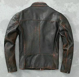 Men’s Motorcycle Biker Vintage Cafe Racer Distressed Black Real Leather Jacket