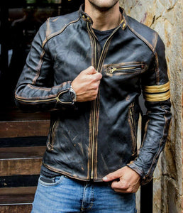 Mens Black Biker Vintage Motorcycle Distressed Cafe Racer Leather Jacket