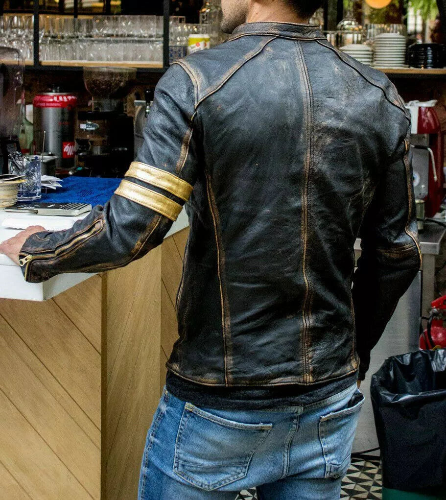 Mens Black Biker Vintage Motorcycle Distressed Cafe Racer Leather Jacket