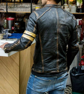 Mens Black Biker Vintage Motorcycle Distressed Cafe Racer Leather Jacket