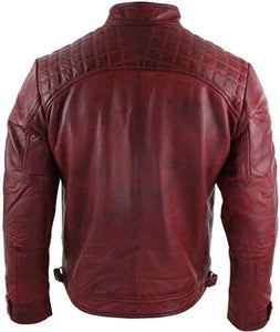 Mens Fitted Red Real Leather Biker Jacket Zipped Vintage Smart Casual Coat