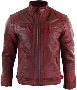 Mens Fitted Red Real Leather Biker Jacket Zipped Vintage Smart Casual Coat