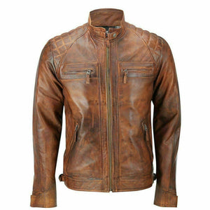 Mens Fitted Tan Brown Real Leather Biker Jacket Zipped Vintage Smart Casual Coat