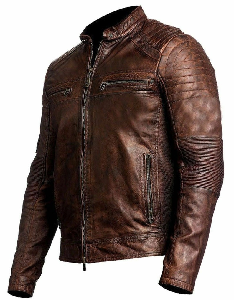 Men's Biker Vintage Motorcycle DIstressed Brown Cafe Racer Leather Jacket New
