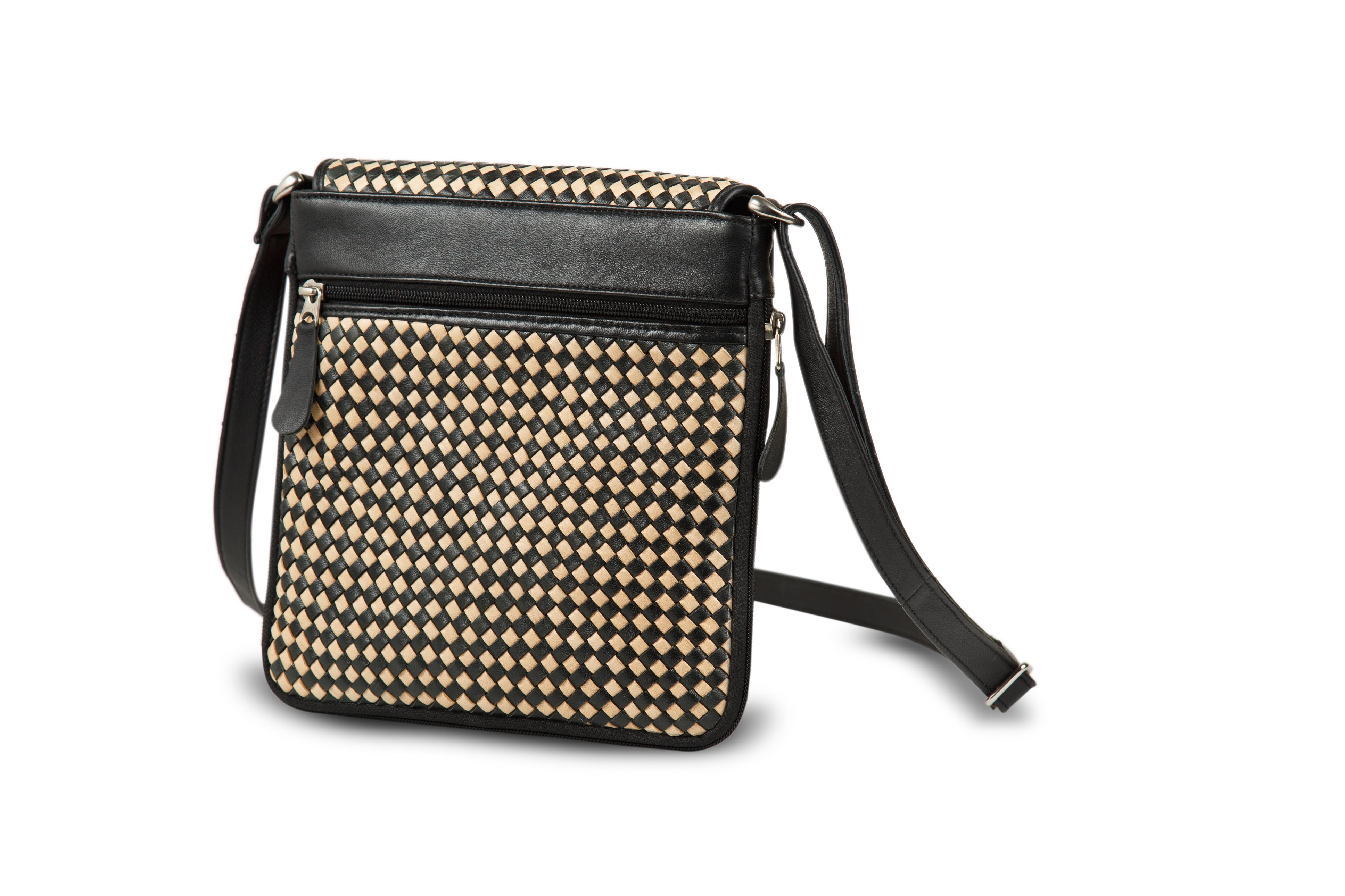 Knitted Leather Cross Body Bag Black and Beige