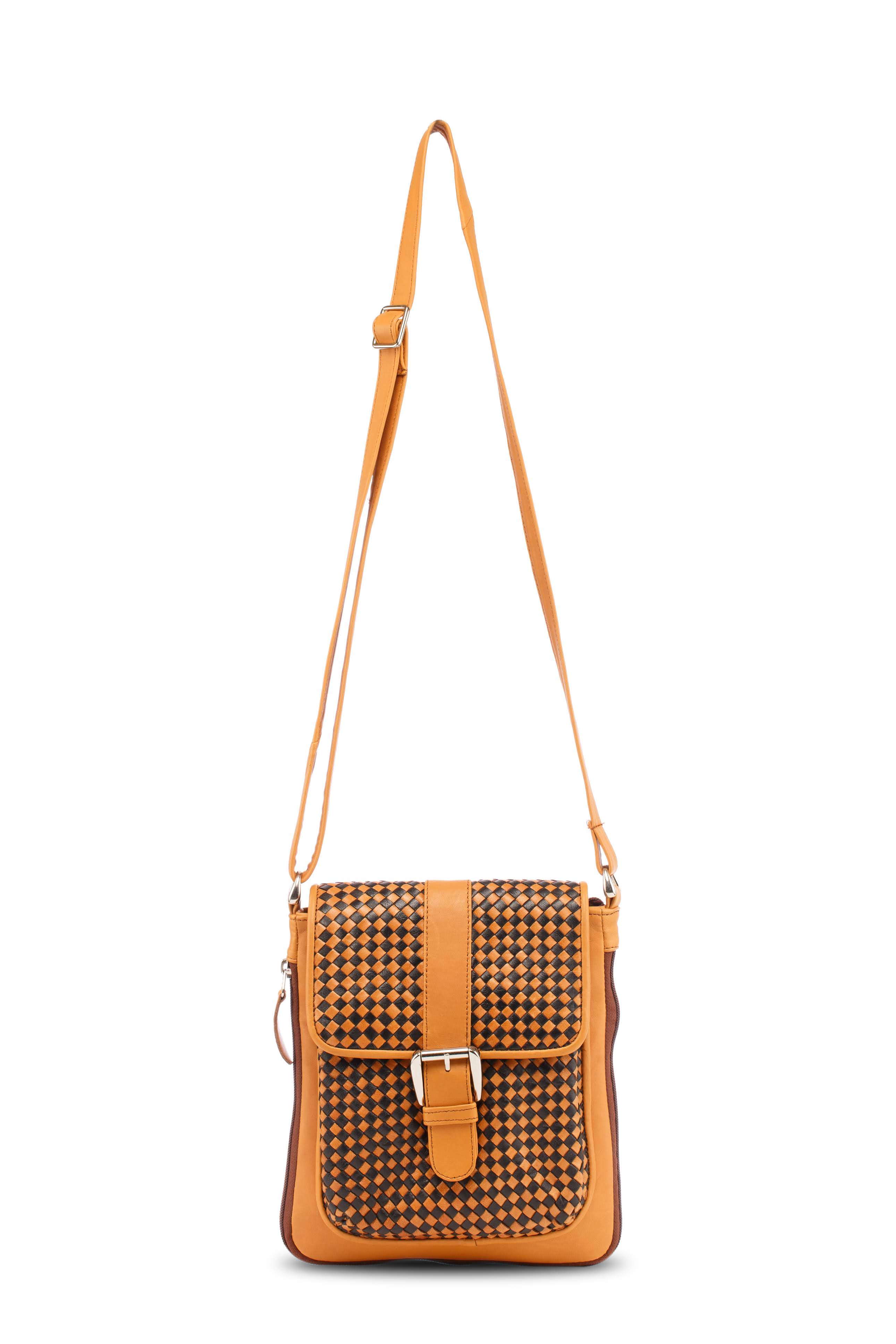 Knitted Leather Cross Body Bag Black and Tan