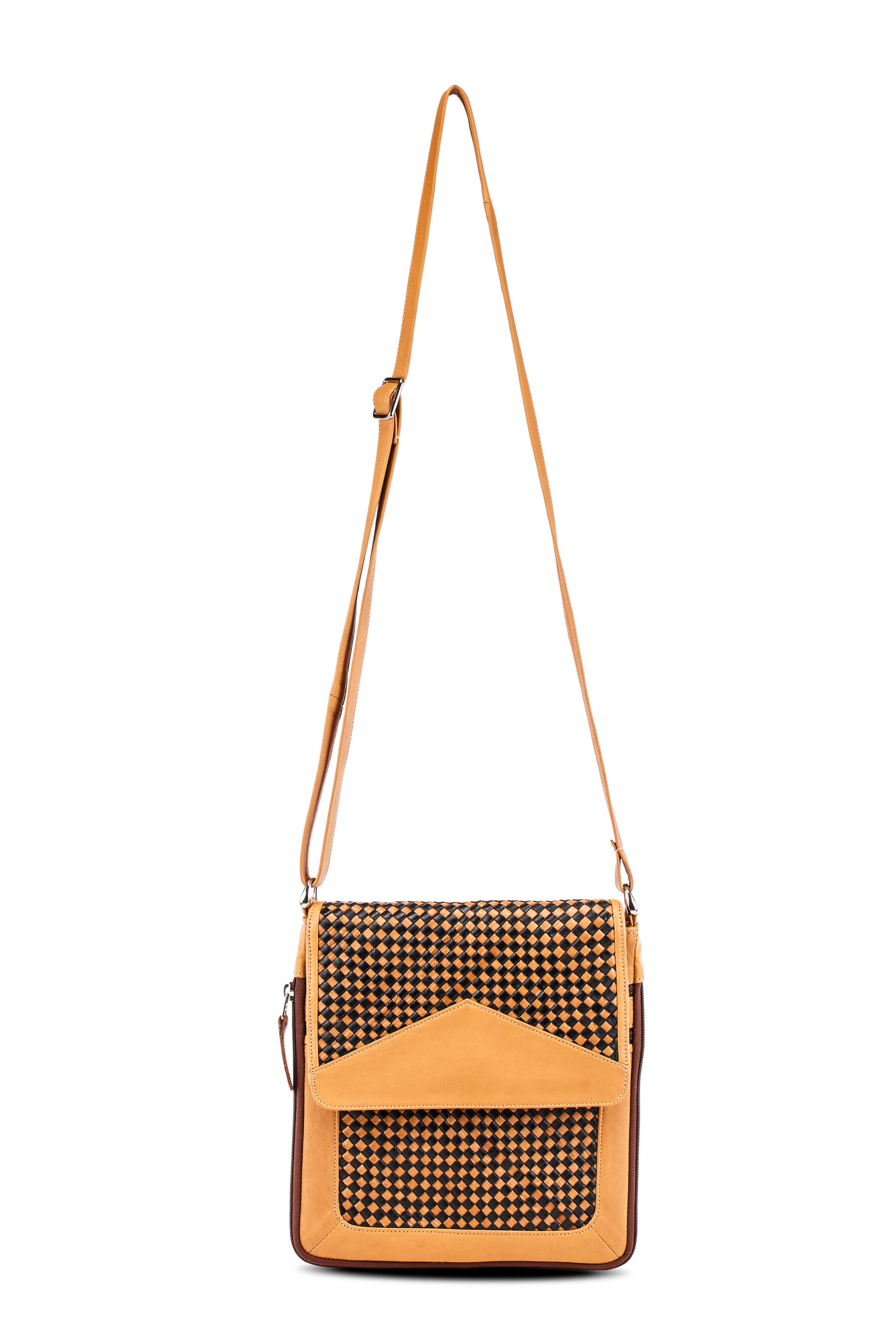 Knitted Leather Cross Body Bag Black and Tan