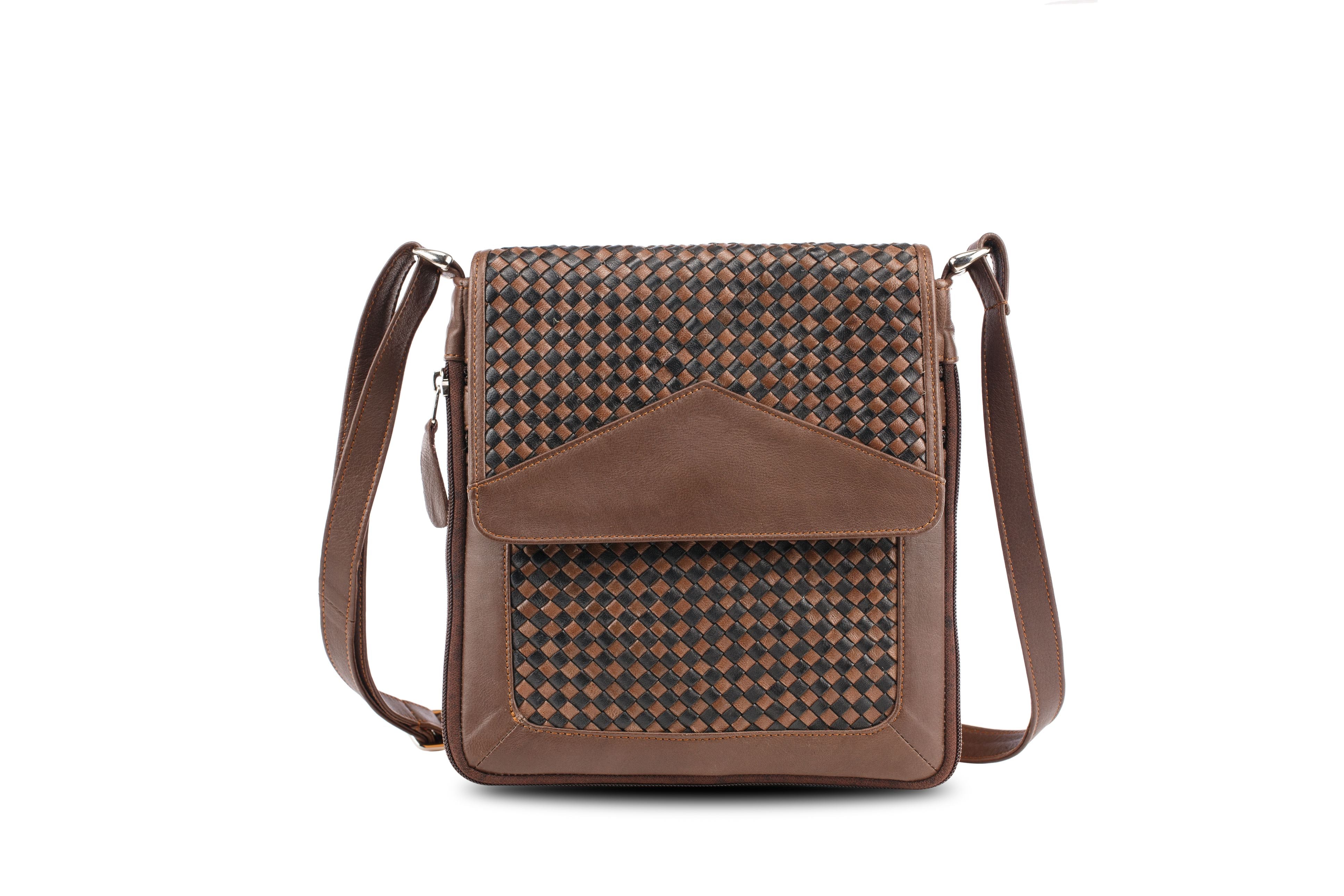 Woven Leather Cross Body Bag Black and Brown