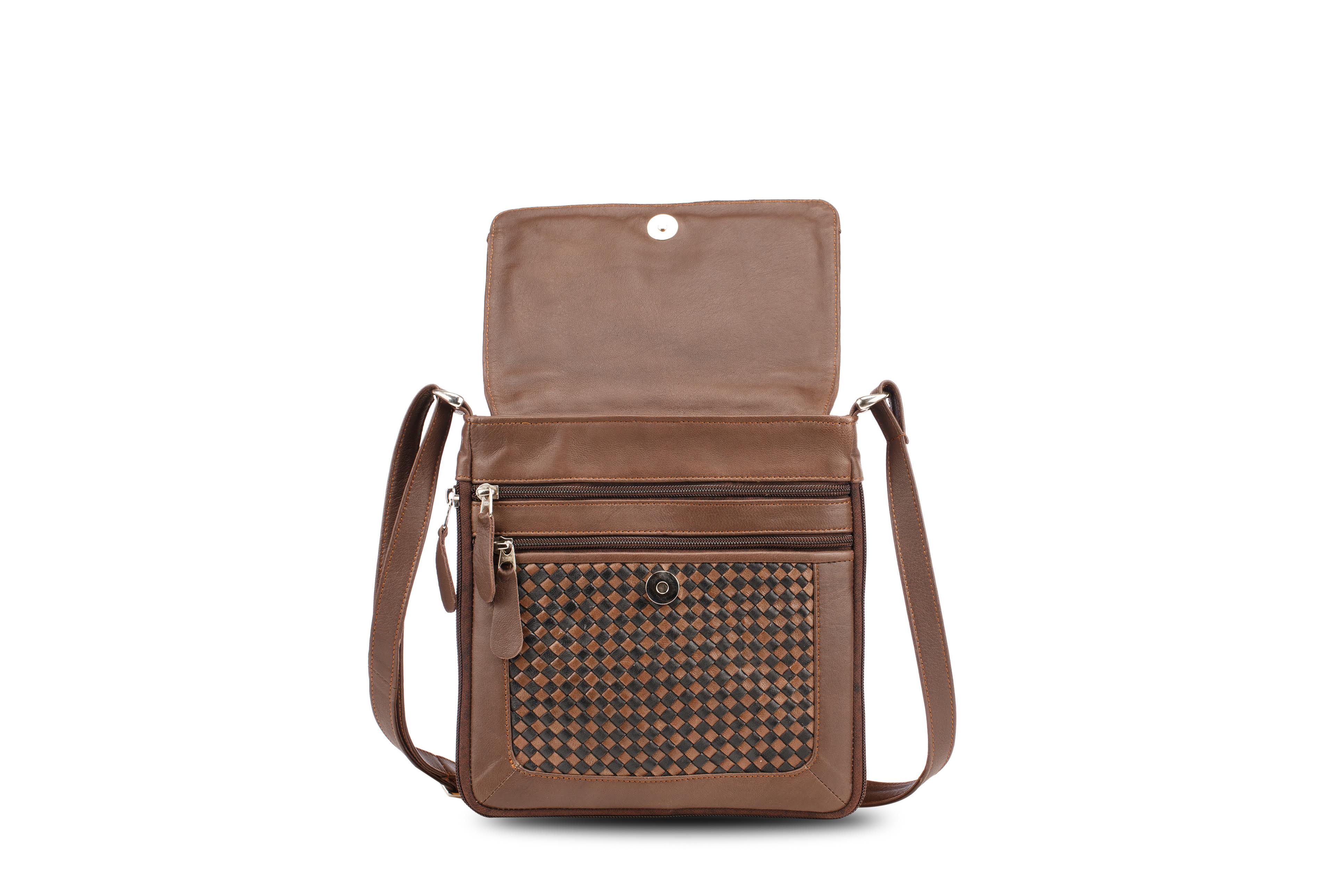 Woven Leather Cross Body Bag Black and Brown